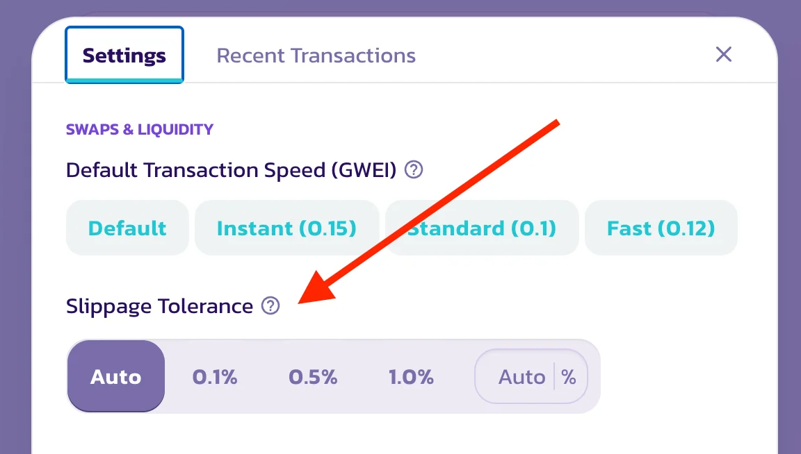 A DEX swap settings panel — the slippage tolerance control, with Auto, 0.1%, 0.5% and 1.0% presets.